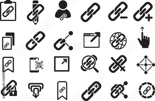 Set of link icons: bio, external, website, qr, edit, share, add, remove, save.

