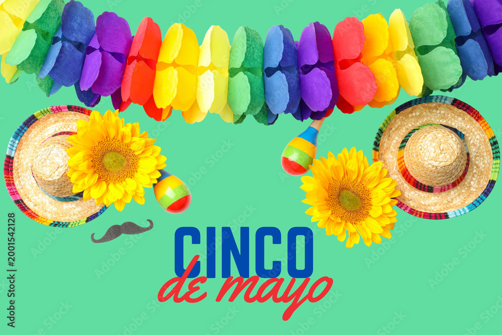Fototapeta premium Cinco de Mayo, Vibrant sombreros and flowers highlight the fest
