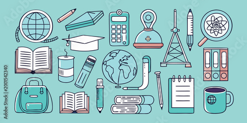 education tools icons set in pastel colors on teal background high quality