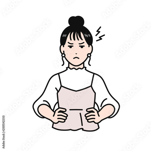 イライラしているまとめ髪の若い女性のシンプルなベクターイラスト素材