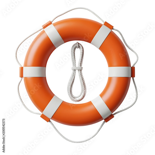 Orange life preserver with white rope isolated on transparent background safety and rescue equipment