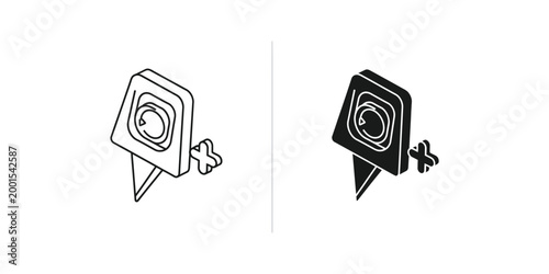 Comparison of a white and black plug-in device with a location pin and cross symbol