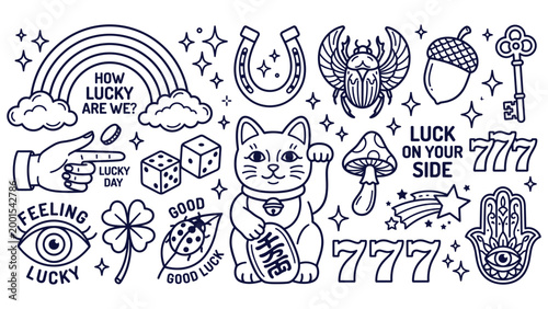 Set of lucky symbols featuring horseshoe cat beetle mushroom star and rainbow illustration.