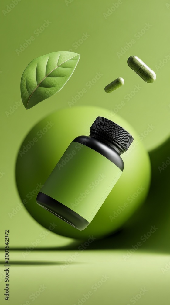 Fototapeta premium Green dietary supplement bottle with leaf and capsules in a vibrant setting.