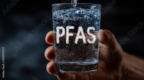 Hand holding a glass of water labeled pfas, representing drinking water contamination and chemical pollution risk.