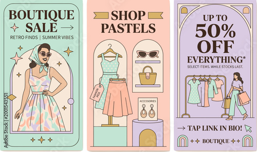 Vibrant boutique sale signs display up to 50% off everything in pastel-colored shop windows with fashionable clothes and accessories.