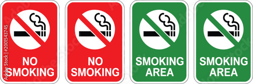 No smoking area, and smoking area signs, vector prohibition and allowance icons with red stop symbols for tobacco control and public safety signage design.