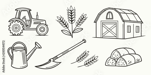 farm icons set in black and white line art style high quality