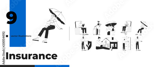 Insurance lifestyle and protection outline illustrations bundle. Family home. Health travel. Diverse insured people and salesmen 2D linear images isolated. Collection black and white vector drawings