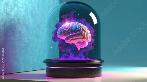 Glowing brain, neon colors, futuristic concept, sci-fi illustration, dome display