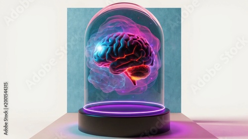 Human brain, glass dome, colorful, 3D illustration, neuroscience concept, medical visualization