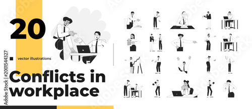 Workplace conflict and office dispute outline illustrations bundle. Diverse employees arguing and expressing problem around desk 2D linear images isolated. Collection black and white vector drawings