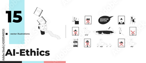 AI bias and ethical concerns outline illustrations bundle. Data processing. Animals in nature. Algorithmic decision making in HR 2D linear images isolated. Collection black and white vector drawings