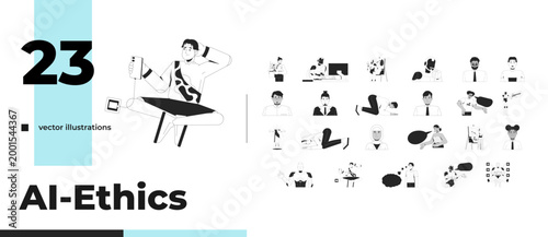 AI influence on human behavior and digital interaction outline illustrations bundle. Robots and modern diverse people daily 2D linear images isolated. Collection black and white vector drawings