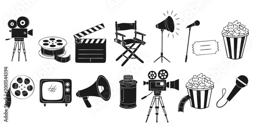 collection of cinema related icons in black and white vector style