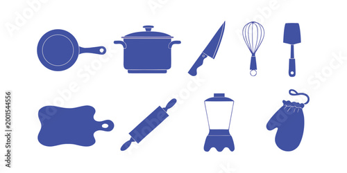 set of kitchen utensils icons in blue silhouette style high quality professional