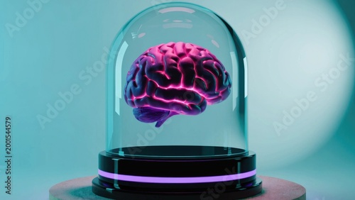 Glowing pink brain, futuristic glass dome, neuroscience concept, purple neon light