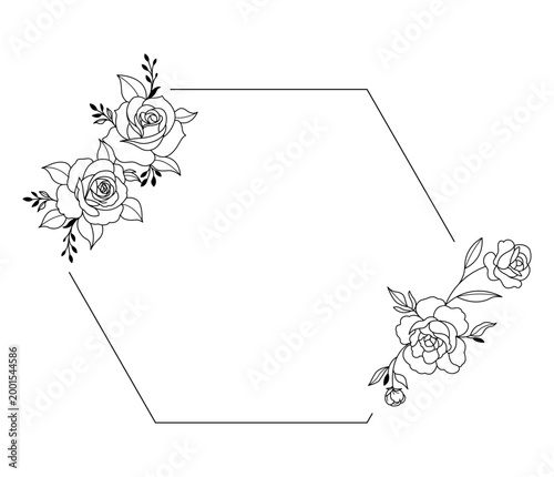 Floral polygon hand drawn style. Floral black and white frames of twigs, leaves and flowers. Frames for Valentine’s Day, wedding decor, logo and identity template.