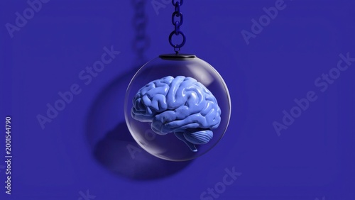 Brain, human brain, glass globe, blue background, mental health concept