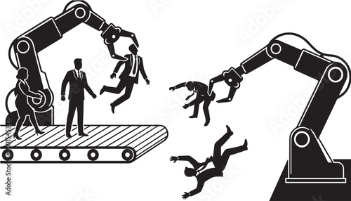 A symbolic illustration of robotic arms picking up and dropping business people from a conveyor belt, representing job displacement and the impact of automation on the workforce.