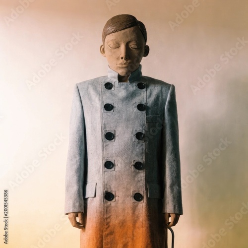 Wooden puppet, ventriloquist's dummy, gray coat, brown hair, decorative figure