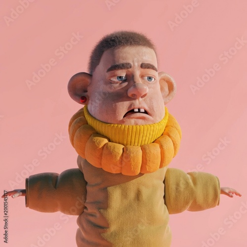 3D cartoon character, worried man, yellow sweater, pink background, emotions