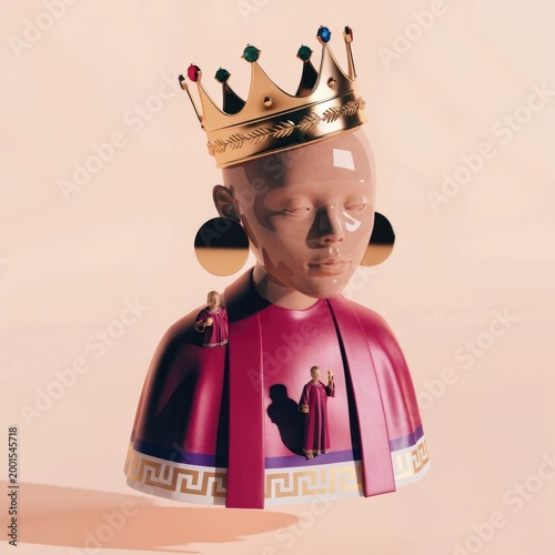Fantasy king, royal crown, pink cape, regal sculpture, decorative bust
