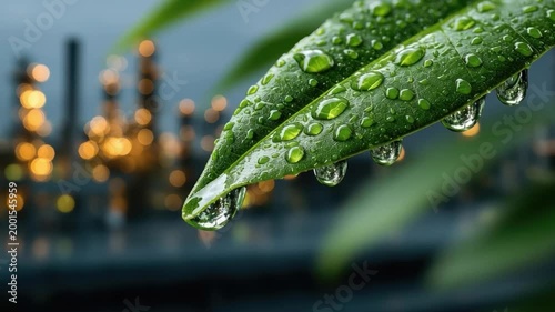 Close-up of green leaves with water droplets and blurred industrial background lights