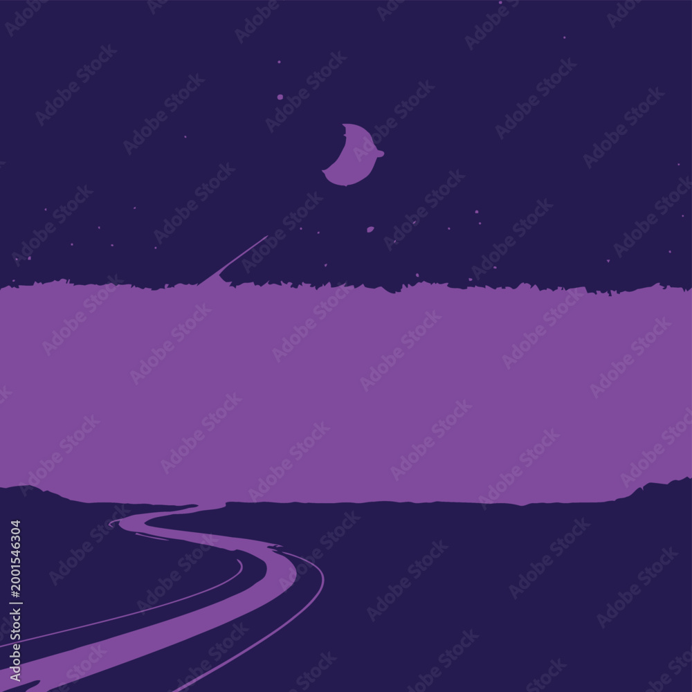 Fototapeta premium Purple Night Landscape Background with Winding Road and Moon