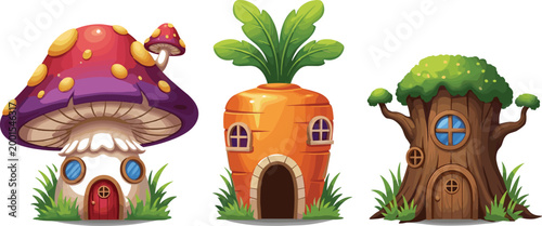 Fantasy fairy tale houses set with mushroom, carrot, and tree homes illustrating whimsical architecture, magical village, and cartoon vector illustration