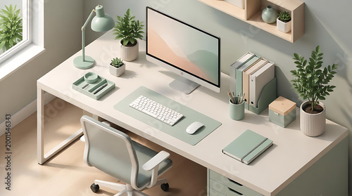 A comfortable home office workspace featuring a computer display on a wooden desk with lush green plants and natural lighting for productive work routines and peaceful professional daily