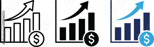 Financial growth icon with rising bar chart, upward arrow and dollar coin. Concept of profit increase, revenue growth, income, investment success and financial performance.