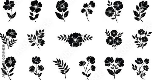 Collection of black silhouette floral and flower sprigs on white background