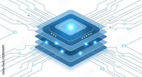 Futuristic blue layered microchip with glowing core and abstract circuit board connections, representing advanced technology and data processing.