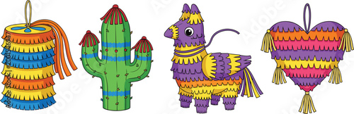 Colorful fiesta piñata set with donkey, cactus, heart, and barrel shapes illustrating Mexican celebration decor, party elements, and festive vector illustration