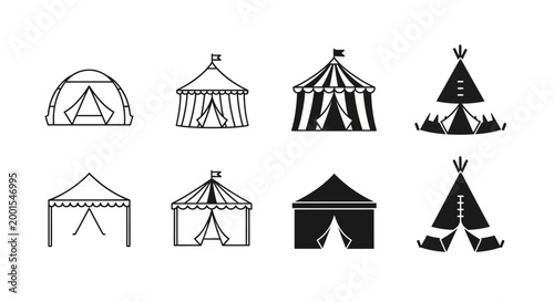 Collection of tent icons in outline and silhouette styles