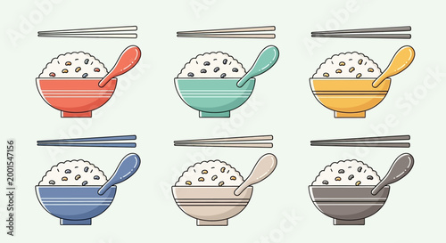Six colorful bowls of rice with chopsticks in flat design style