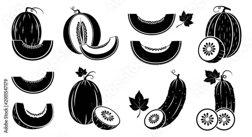 Black and white melon and cucumber icons with leaves