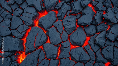 Dramatic Overhead View of Black Lava Rock Surface with Bright Glowing Lava Vein Network