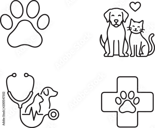 Collection of veterinarian and animal care vector icons with clean lines for medical branding