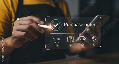 Person in apron using smartphone with digital purchase order interface and icons on screen