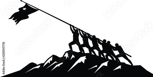 Silhouette of people climbing a mountain with a waving flag