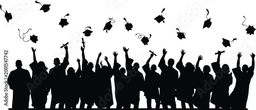 Graduation celebration silhouette of students throwing caps in the air