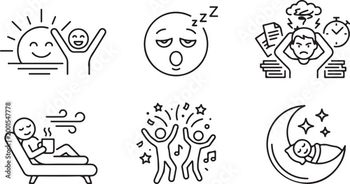 Daily Routine Icons with Sun Sleep Stress Relaxation Party and Moon Vector Graphics