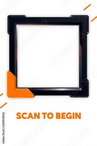 Modern QR Code Scan Frame with 'Scan to Begin' Text on White Background for Digital Interface