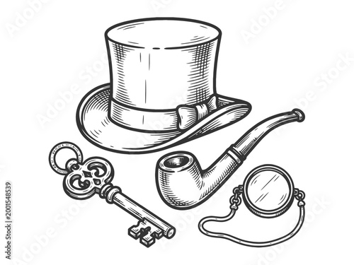 gentleman items including top hat, smoking pipe, ornate key, and pocket watch sketch engraving generative ai fictional character vector illustration. Scratch board imitation. Black and white image.