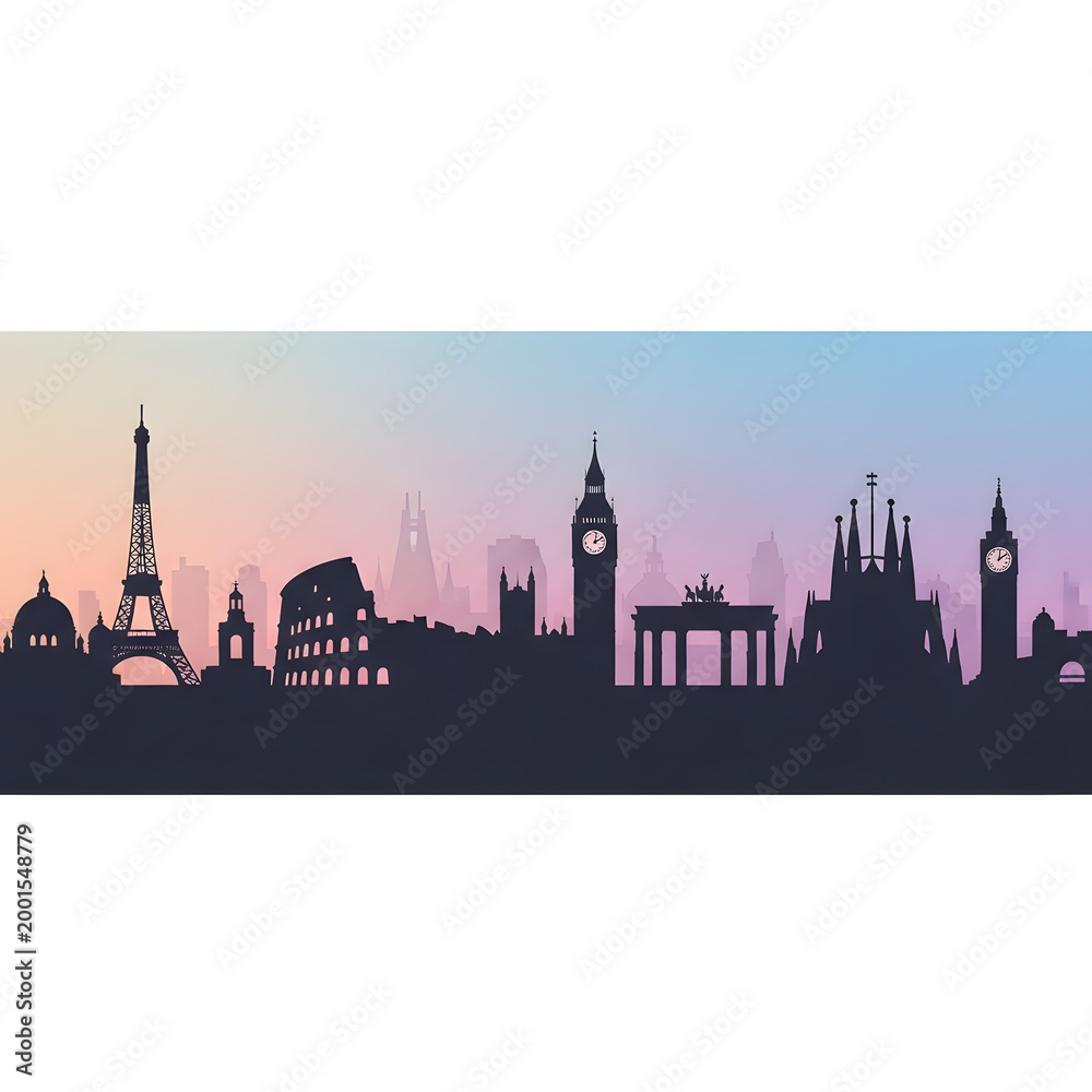 Naklejka premium A stunning cityscape silhouette at sunset featuring iconic landmarks from around the world