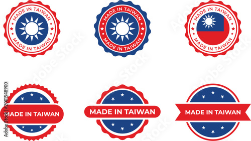 Made in Taiwan Label Set – Red and Blue Badge Stickers with Circle Emblem Stamp Vector Collection