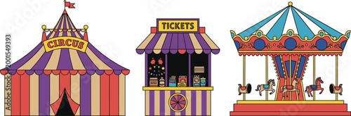 Circus carnival vector set featuring striped tent, ticket booth stand and colorful carousel ride in playful retro amusement park illustration style