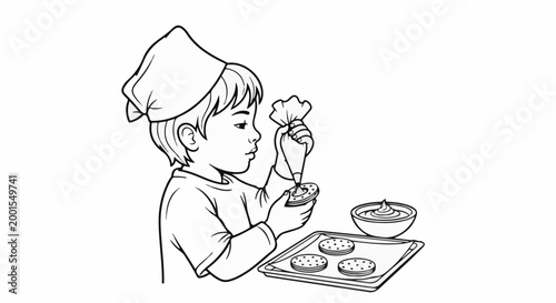 Child decorating cookies with frosting from a piping bag on a baking sheet